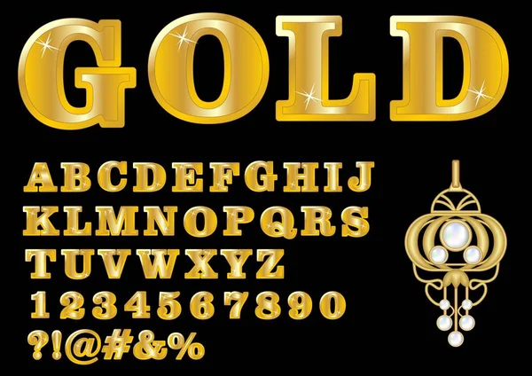 Alphabet in luxury gold design, uppercase letters, numbers, question and exclamation mark, antiquarian golden jewel with pearl included — Stock Vector