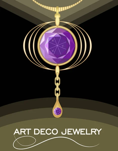 Luxuriöser Art-Deco-Anhänger mit puprlen Edelsteinen Amethyst auf Goldkette, Mode im viktorianischen Stil, antikes Juwel — Stockvektor