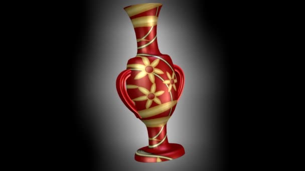 Lujoso utensilio oriental anticuario 3d con motivos florales dorados sobre fondo rojo, jarra sobre fondo negro con brillo blanco — Vídeos de Stock