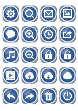 Web simgesi mega ayarla, mavi metalik kutsal kişilerin resmi ile beyaz piktogram, zoom, konuşma balonu, kilit, bulut, çöp ve diğer