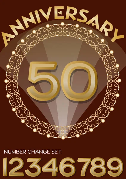 Célébration du 50e anniversaire dans un élégant cadre doré. Numéro d'or 50, série de numéros un, deux, trois, quatre, six, sept, huit, neuf pour le changement. Universel utile pour tout anniversaire , — Image vectorielle