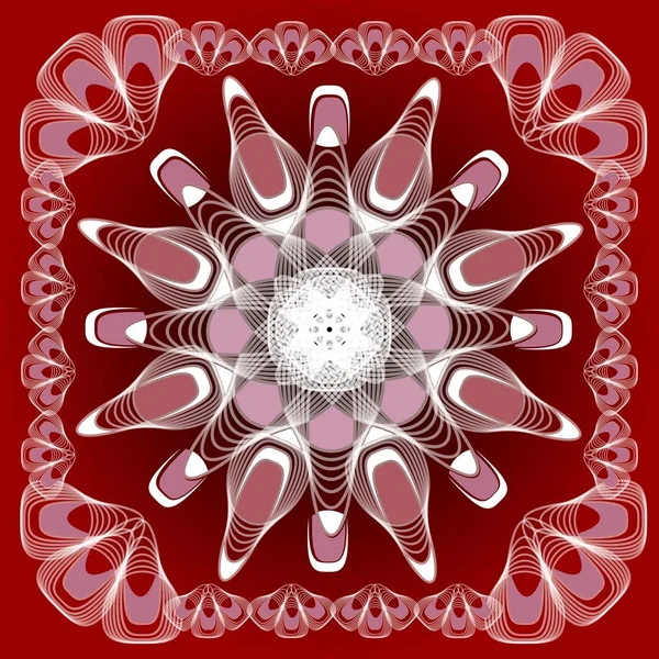 Abstracte mandala vorm in guillloche ontwerp, witte lijnen op donkere rode achtergrond, symmetrische abstracte vorm in frame — Stockvector