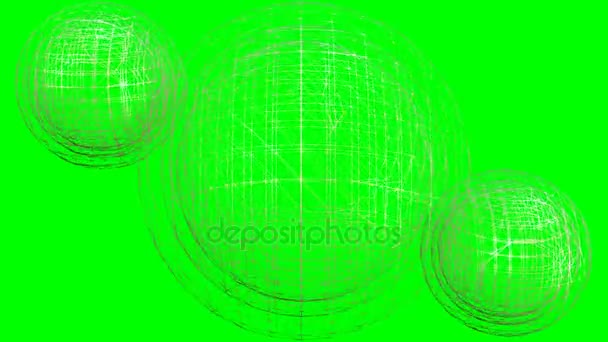 Video animation av gyllene wireframe sfärer roterar på grön skärm, animerad bakgrund för sci-fi eller teknik thema — Stockvideo