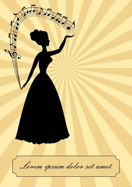 Music theme, vintage design, victorian lady silhouette with stave arc , treble clef, notes, beige retro background — Stock Vector