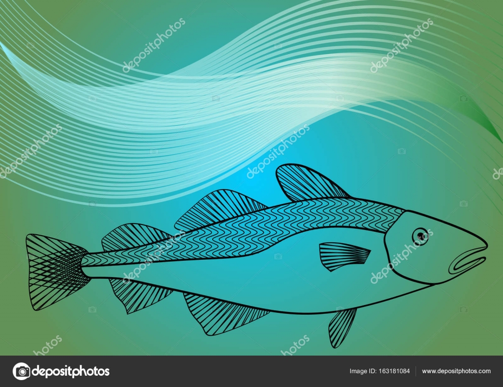 Monoline dessin sur lagon mer fond de couleur avec des vagues de poisson morue décoration silhouette pour les sports de mer restaurant de cuisine de mer