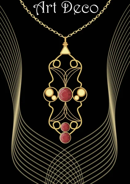 Pendentif art déco doré avec pierres précieuses rouges sur chaîne filigrane, bijoux victoriens — Image vectorielle