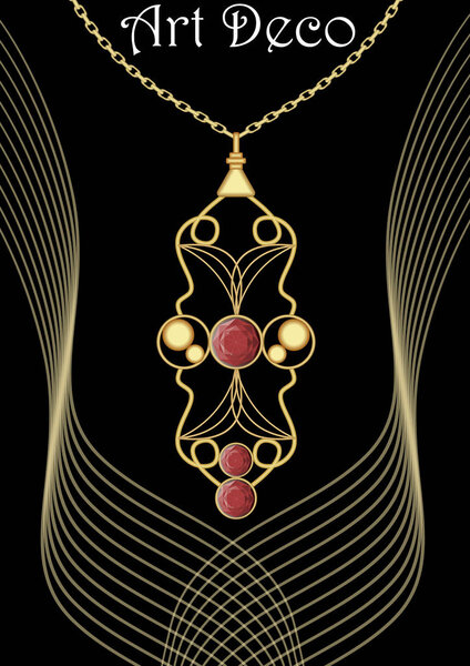 Golden art deco pendant with red gems on filigree chain, victorian jewelry