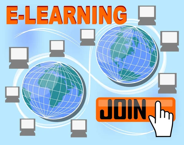 E-learning banner con gruppo di computer in tutto il mondo, pulsante join, puntatore a mano , — Vettoriale Stock