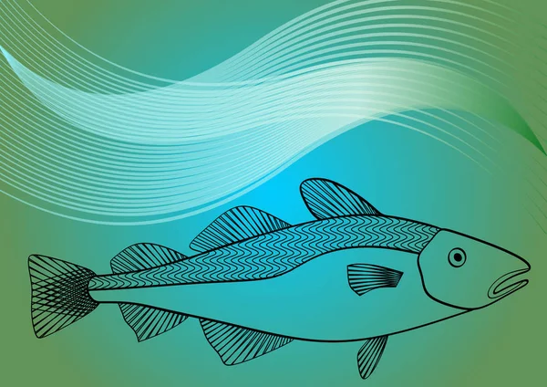 Монолиновый рисунок рыбы на фоне морской лагуны с волнами, силуэт трески для активного отдыха в море, ресторан морепродуктов, спортивная рыбалка — стоковый вектор