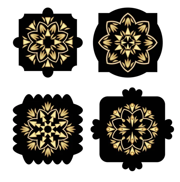 Black shapes with golden antiquarian geometric pattern in art deco style, decoration elements, design template, luxury emblem for product, 3d illusion — Stock Vector