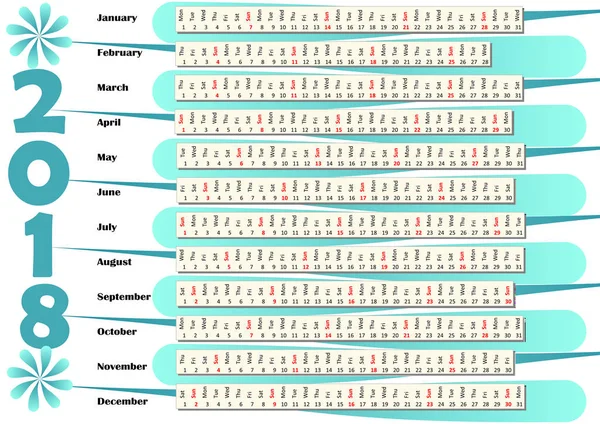 Calendario simple en diseño inusual. Meses en franjas horizontales, fondo resuelto con formas gráficas simples en color azul pálido — Archivo Imágenes Vectoriales