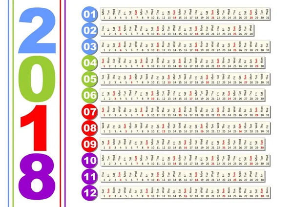 Calendario simple en diseño inusual. Meses en franjas horizontales, fondo resuelto con formas gráficas minimalistas, número de año de color y número de mes — Archivo Imágenes Vectoriales