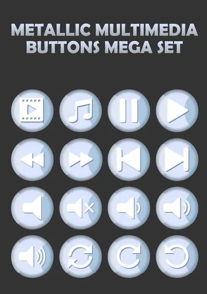 Conjunto de botones metálicos multimedia para sitio web, iconos elegantes con símbolos de pictograma — Archivo Imágenes Vectoriales
