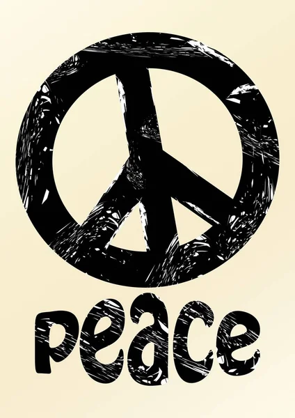 Black anti war symbole in grunge style with inscription peace on beige background. Hippies symbole 70s, 80s — Stock Vector