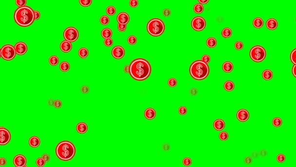 Dólares voladores, formas de círculo rojo con símbolo de dólar americano en pantalla verde — Vídeo de stock