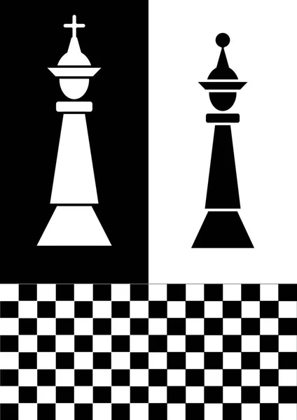 Volante de ajedrez en diseño blanco y negro, rey de ajedrez blanco sobre fondo negro, reina de ajedrez negro sobre fondo blanco, tablero de ajedrez. Plantilla gráfica para el club de ajedrez — Vector de stock