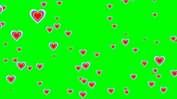 緑色の画面に陽気な心を飛んでいます。かわいい愛パーティー、誕生日のお祝いのためのビデオの背景, — ストック動画