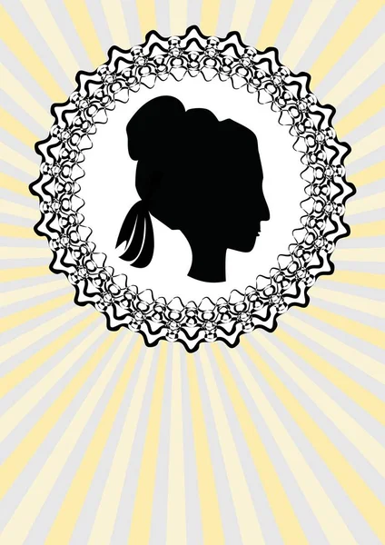 Lady head silhouette, black profile in ornate circle line frame, retro background with rays in muted colors, vintage design in victorian style — Stock Vector