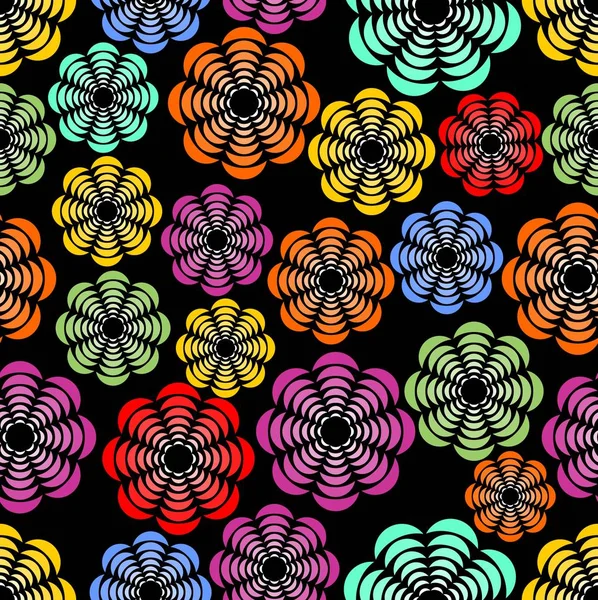 Rainbow formes de fleurs abstraites réparties inégales, motifs sans couture sur fond noir, design contrasté pour le textile, tissu , — Image vectorielle