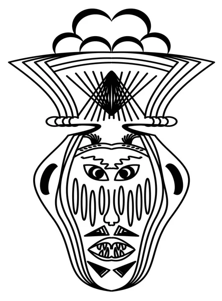 Rituelle Gesichtsmonochrome Zeichnung. Schreckliches Gesicht mit schiefen Augen und entblößten Zähnen, Kuriosum-Hut auf dem Kopf. ornamentale symmetrische Skizze in schwarz-weiß, tribal antike Gesichtsmaske — Stockvektor