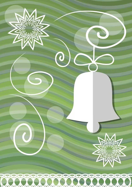 Decoración de Navidad con símbolos de Navidad de corte de papel sobre fondo ondulado verde, campana de Navidad y estrellas de encaje — Vector de stock