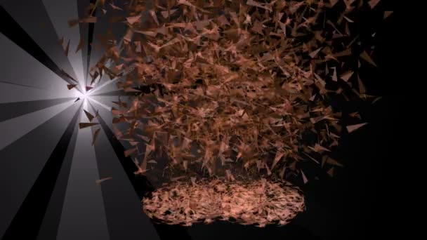 生日快乐视频 3d 玻璃爆炸成粒子和粒子，重组橙色碑文黑色背景，白色光射线 — 图库视频影像