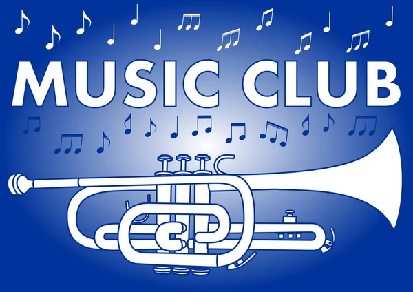 Банер музичного клубу з трубою та музичними нотами в біло-блакитному дизайні на градієнтному фоні — стоковий вектор