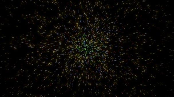 Fond vidéo avec des particules de lumière multicolores. De petits points colorés sont émis du centre de l'image .