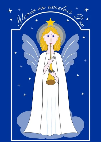Cute gold-haired angel with trumpet, christmas illustration with latin inscription Gloria in excelsis Deo. Drawing on dark blue background with stars. — Stock Vector