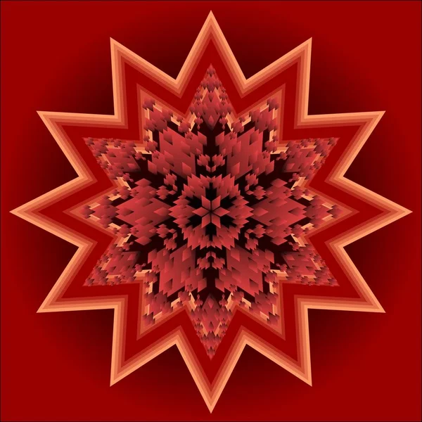 Red mandala energii i witalności otrzymywania, koło symetryczne wzory w kształt gwiazdy, Iluzji 3d w stylu sztuki optyczne, medytacji i ćwiczenia duchowne — Wektor stockowy