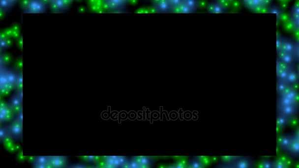 Videoframe in abstracte vormgeving. Groene en blauwe bokeh lichten stroomt op zwarte achtergrond. — Stockvideo