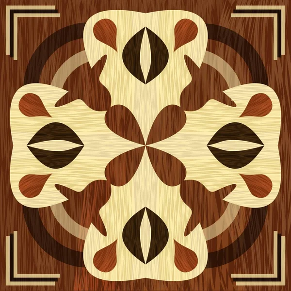 Houten inlay, lichte en donkere hout patronen. Fineer getextureerde antieke geometrische sieraad. Houten kunst decoratie sjabloon. — Stockvector