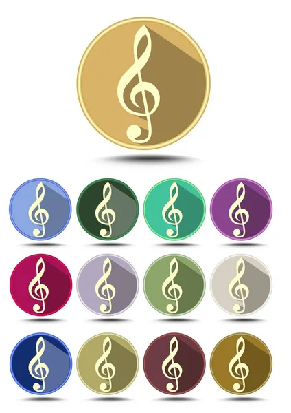 Musiksymbolset, Notensymbol im flachen Design mit langem Schatten, verschiedene Farbvarianten, — Stockvektor