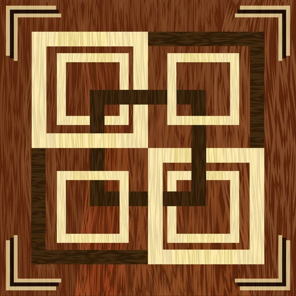 Houten vierkante inlay, lichte en donkere hout patronen. Houten kunst decoratie sjabloon. Fineer getextureerde geometrische sieraad. — Stockvector