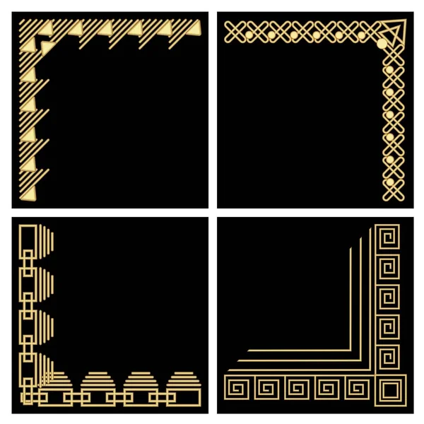 Esquina de marco decorativo, material de oro, patrones ornamentales de filigrana en estilo art deco sobre fondo negro , — Vector de stock