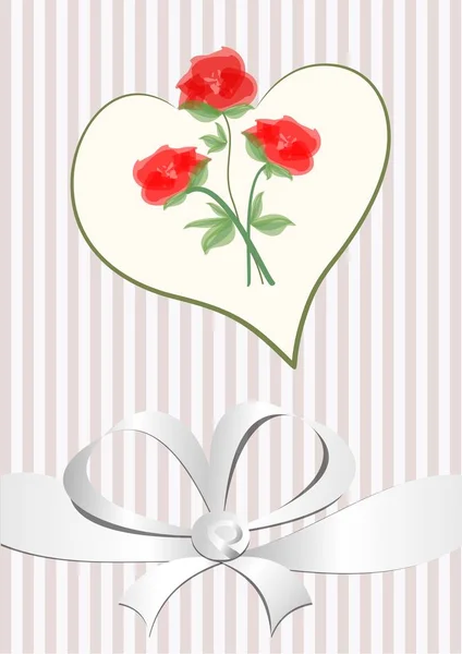 Fondo de amor con forma de corazón, ramo de rosas rojas y cinta blanca. Anuncio de boda, tarjeta de San Valentín. Diseño rosa, blanco y rojo . — Archivo Imágenes Vectoriales