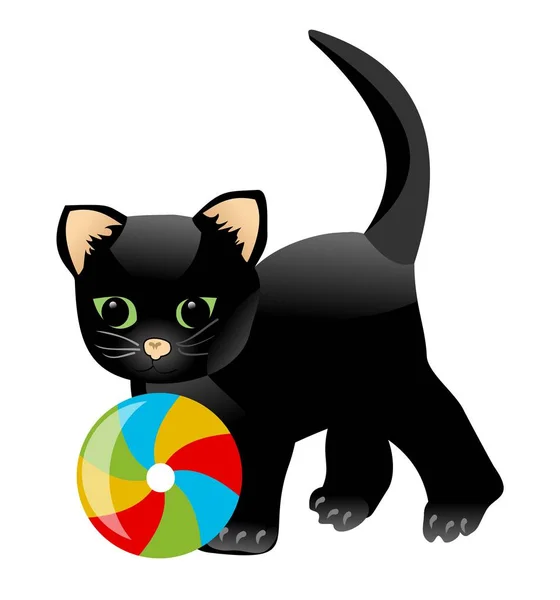 Gry z piłką kolorowe czarny kotek. Trochę zabawy kot kreskówka na białym tle. Dziecko ilustracja — Wektor stockowy