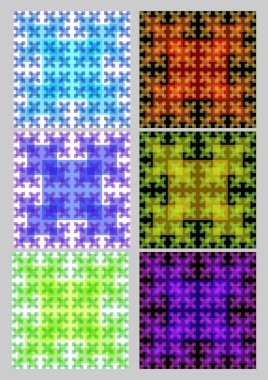 Çini kare fraktal tarzı Sierpinski halı desenleri ile ayarla. Tekstil örnekleyici içinde farklı rengi değişik. Alacalı süsleme.