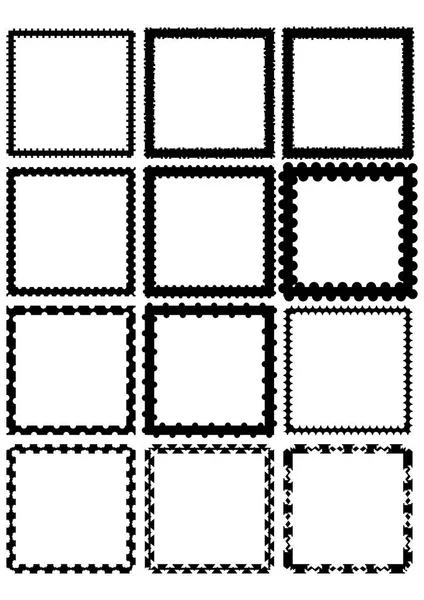 Conjunto de bordes de etiqueta cuadrada, formas sencillas en diseño monocromo, dibujo grunge negro sobre fondo blanco — Vector de stock