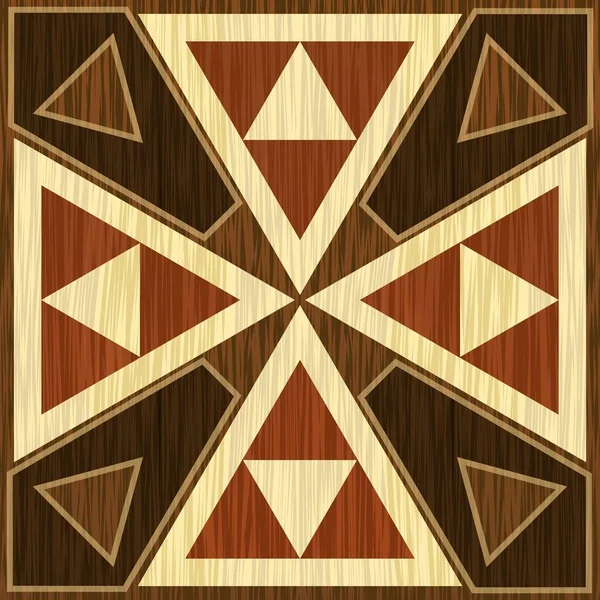 Incrustações de madeira, luz e padrões triangulares escuros. Folheado texturizado ornamento geométrico antigo. Modelo de decoração de arte de madeira . —  Vetores de Stock