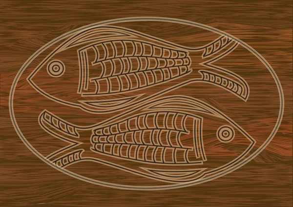 Arte in legno, due pesci intagliati nel legno scuro, simbolo di cristianità, segno dell'oroscopo. Pesce stzilizzato in cornice ovale . — Vettoriale Stock