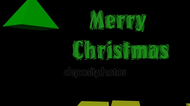 Современная рождественская анимация, трехмерная рождественская елка, состоящая из пирамид, анимированное название Счастливого Рождества и гимнов подарочных коробок — стоковое видео