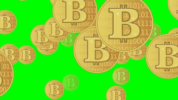 Bitcoin altın yeşil ekran üzerinde uçan animasyonlu illüstrasyon — Stok video