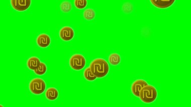 Yeşil ekran üzerinde uçan İsrail para birimi şekel sembol simgeler