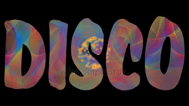 Etichetta discografica, lettere significative con texture animata arcobaleno e piccole scintille di fuoco su sfondo nero, discoteca o animazione discoteca in colori vivaci — Video Stock