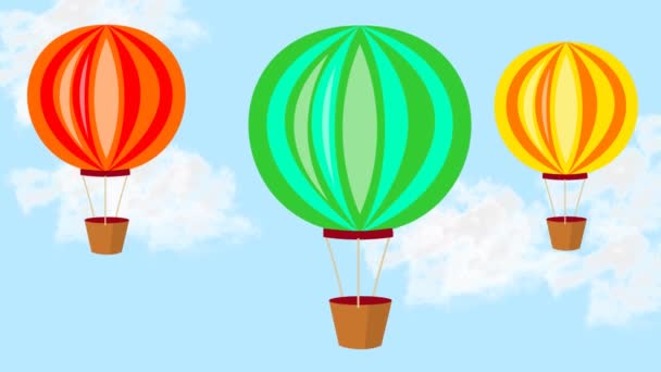 Fröhliche Animation eines Luftballons, drei Ballons steigen am blauen Himmel mit weißen Wolken auf — Stockvideo