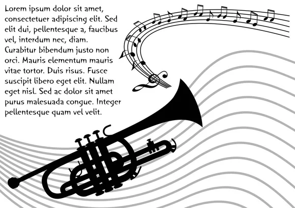 Silueta de trompeta con pentagrama ondulado y notas musicales. Dibujo negro sobre fondo blanco. Folleto, póster, concepto de folleto con lugar para mensaje propio — Archivo Imágenes Vectoriales