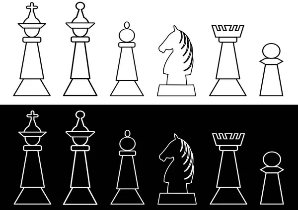 Conjunto completo de peças de xadrez em preto e branco, rei e rainha, torre, bispo, cavaleiro, peão, desenho de contorno —  Vetores de Stock