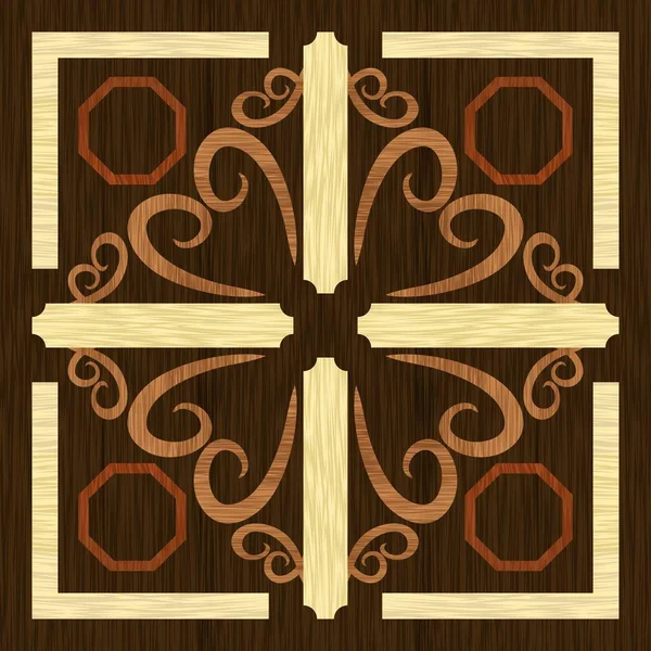 Dřevěné umění vložka dekorativní ornament, geometrické vzory z tmavých a světlých exotického dřeva starožitného stylu — Stockový vektor