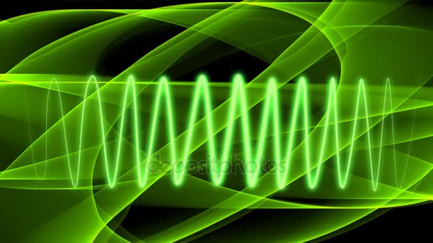 抽象的な緑背景透明な曲線と放射光緑正弦波を移動 — ストック動画